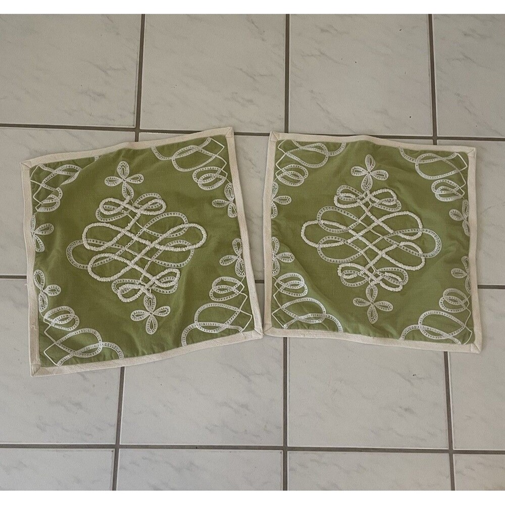 Vintage Pier 1 Two throw pillow covers Embrideref Beaded Light Green 16x16”